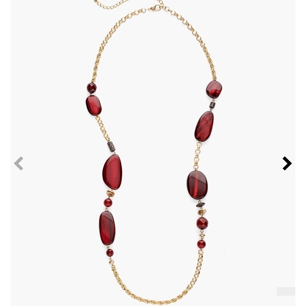 New Chicos gold tone long necklace with chunky ruby red beads, adjustable length